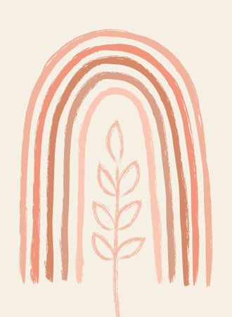 Abstract contemporary aesthetic background with geometric balance shapes, rainbow and plant. Boho wall decor. Mid century modern minimalist art print. Terracotta color, earth toneのイラスト素材