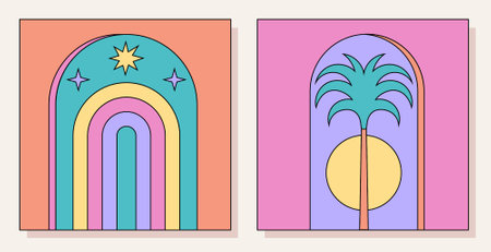 Abstract old aesthetic groovy backgrounds set. Modern vintage illustrations. Retro, trendy, nostalgic, colorful style 70s, 80s, 90s. Posters, social media posts, stories templates.のイラスト素材