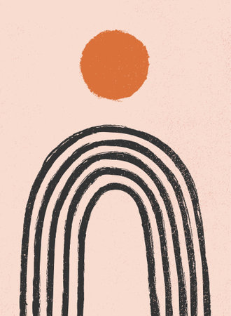 Abstract contemporary aesthetic background with geometric balance shapes, rainbow and sun. Boho wall decor. Mid century modern minimalist art print. organic shape.のイラスト素材