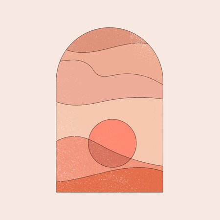 Abstract contemporary aesthetic background with landscape, desert, mountains, Sun. Earth tones, terracotta colors. Boho wall decor. Mid century modern minimalist art print.のイラスト素材