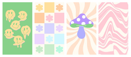 Groovy stories and post frame templates. Social media set design. Abstract retro aesthetic hippie backgrounds pack 70s, 80s, 90s style. Trendy girly cute design.のイラスト素材
