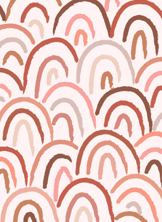 Abstract contemporary aesthetic background, geometric balance shapes, rainbow and Sun. Boho wall decor. Mid century modern minimalist art print. Terracotta brown color, earth tone.のイラスト素材