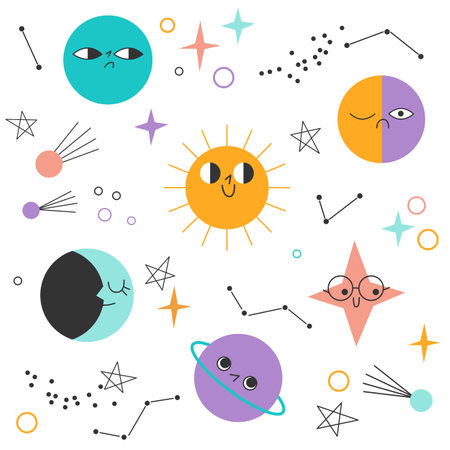 Space elements seamless pattern. Cosmos doodle illustration. Seamless pattern with cartoon space planets, stars and comets.のイラスト素材