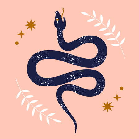 Modern abstract art print with cute snake, tropical branch, stars. Boho style. Cosmic minimalist scene. Pastel color clipart image. Magic mystic esoteric concept.のイラスト素材