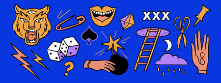 Fun groovy retro set. 70s 80s cartoon style. Modern vintage comic illustrations. Abstract hand drawn shapes. Logo, sticker templates.のイラスト素材