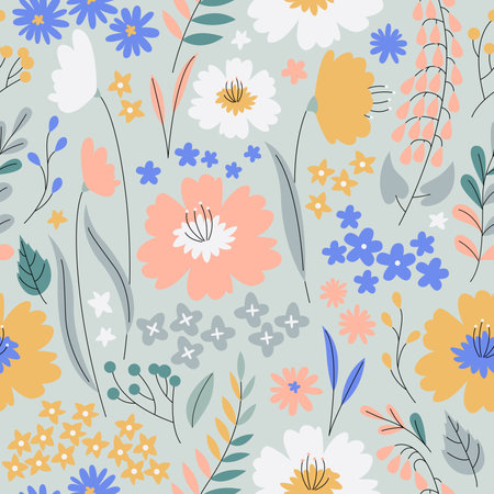 Cute seamless floral pattern. Small colorful spring flowers. Modern floral background. Elegant template for fashion prints. hand drawn styleのイラスト素材