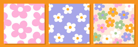 Set of three abstract square seamless patterns with vintage groovy daisy flowers. Retro floral vector background surface design, textile, stationery, covers. 60s, 70s, 80s styleのイラスト素材