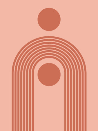 Abstract contemporary aesthetic background with geometric balance shapes, rainbow gates, circles. Boho wall decor. Mid century modern minimalist art print. Terracotta colorのイラスト素材