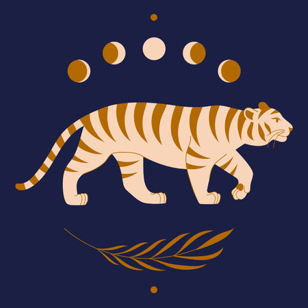 Modern abstract art with cute tiger, tropical branch, moon phases. boho style. Mid Century print. Cosmic minimalistic scene. magic concept. vintage inspired artのイラスト素材