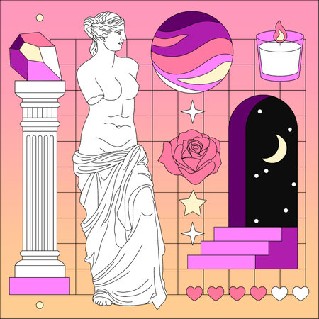 Abstract old aesthetic groovy Venus background. Modern vintage comic illustration set. Retro, trendy, nostalgic style 70s, 80s, 90s. Posters, social media posts, stories templates.のイラスト素材