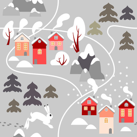 Winter pattern in scandinavian style. House on background of snowy winter forest. Hare running on a field. vector illustrationのイラスト素材