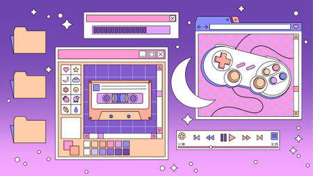 Linear retro vaporwave desktop wallpaper. Abstract vintage aesthetic background. Trendy, nostalgic, colorful style 80s, 90s. Posters, social media posts, story template.のイラスト素材