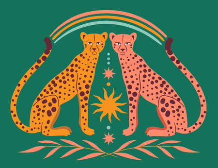 Cute Leopards, Sun, rainbow, stars, floral branch. Modern abstract art. Boho style. Mid Century print. Cosmic minimalist scene. magic concept. vintage inspired artのイラスト素材