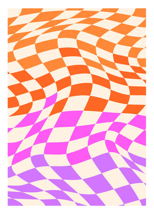 1970 style poster. Trippy checkerboard grid. Hand drawn vector illustration. Seventies style, Groovy wallpaper. hippie aesthetic print.のイラスト素材