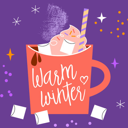 Cup of hot chocolate with marshmallows. Flat design elements. Violet background with snowflakes, stars and tinsel. winter season illustration with handwritten text "warm winter"のイラスト素材