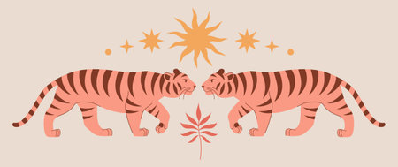 Modern abstract art print with cute tigers, tropical branch, stars. boho style. Cosmic minimalist...