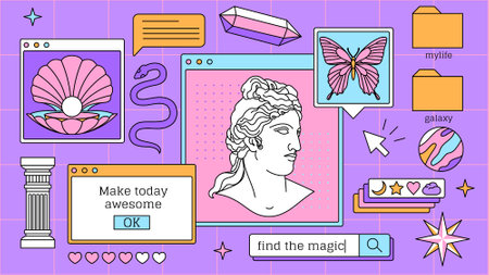 Abstract old aesthetic groovy background. Linear vaporwave retro desktop wallpaper. Modern vintage comic illustrations. 70s, 80s, 90s style. Posters, social media posts.のイラスト素材