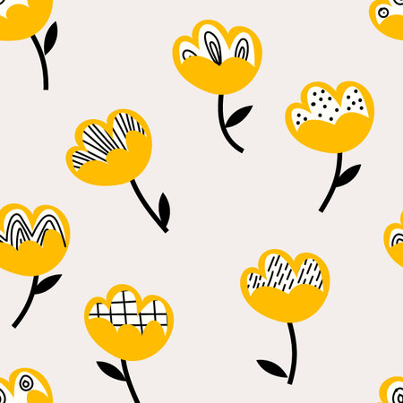 Decorative modern abstract pattern in scandinavian style. Yellow flowers with checkered dotted geometrical simple texture. Wallpaper with colorful simple floral shapes.のイラスト素材