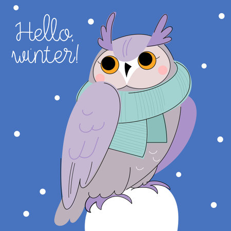 Cute owl in a knitted scarf on winter background. hand drawn vector illustration.のイラスト素材