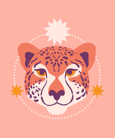 Cute Leopard, Sun, stars. Modern abstract art. Boho style. Cosmic minimalist scene. magic concept. vintage inspired art. Pastel colors printのイラスト素材