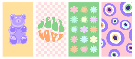 Groovy stories and post frame templates. Social media set design. Abstract retro aesthetic hippie backgrounds pack 70s, 80s, 90s style. Trendy girly cute design.のイラスト素材