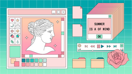 Abstract old aesthetic background. Linear vaporwave retro desktop wallpaper. Modern vintage illustration. Trendy, nostalgic, colorful style 80s, 90s. retro pc windows interfaceのイラスト素材