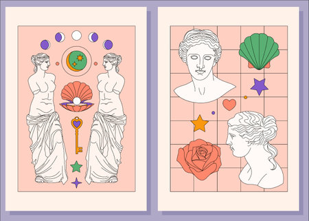 Art Posters set with Greek Goddess bust statue of Aphrodite Venus. Boho modern wall decor. Minimalist mid century print. Antique greek sculpture.のイラスト素材