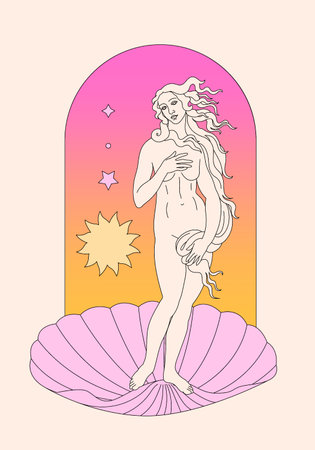 The Birth of Venus. Greek goddess bust statue. Wall art poster. Abstract retro boho background. Vintage mid century art. 60s, 70s, 80s style. Danish pastel aesthetic print.のイラスト素材