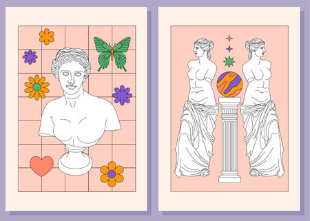 Art Posters set with Greek Goddess bust statue of Aphrodite Venus. Boho modern wall decor. Minimalist mid century print. Antique greek sculpture.のイラスト素材