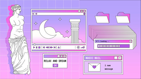 Abstract old aesthetic background. Linear vaporwave retro desktop wallpaper. Modern vintage comic illustrations. Trendy, nostalgic, colorful style 70s, 80s, 90s. Posters, social media posts.のイラスト素材