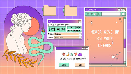 Abstract old aesthetic magic background. Linear vaporwave retro desktop wallpaper. Modern vintage comic illustrations. Trendy, nostalgic, colorful style 80s, 90s. retro pc windows interfaceのイラスト素材