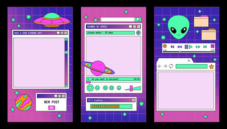 Linear vaporwave Ig stories templates. Social media set design. Abstract retro aesthetic groovy backgrounds pack 80s, 90s style. UFO, Alien, Space, stars, planets. retro pc windows interfaceのイラスト素材