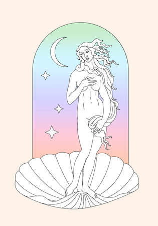 Danish pastel aesthetic print. The Birth of Venus, Sandro Botticelli. Greek goddess bust statue. wall art poster. Abstract retro boho background. Vintage mid century art. 60s, 70s, 80s style.のイラスト素材
