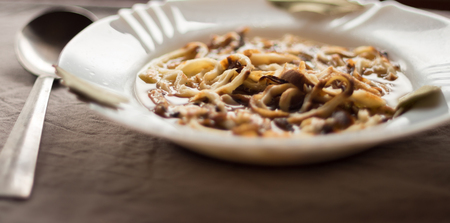Homemade Pancake Soup, Frädle in brothの写真素材