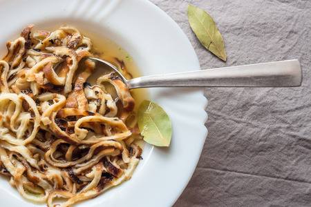 Homemade Austrian Pancake Soup with Spoon, bay leaf on Table clothの写真素材