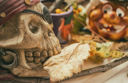 Halloween decoration, autumn leaves, hazelnuts, chestnut Jack OLantern, skull, tonedの写真素材