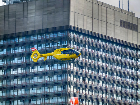 Austrian Rescue  Helicopter  taking of at Vienna Main Hospital, Vienna Austria October 1, 2014のeditorial素材