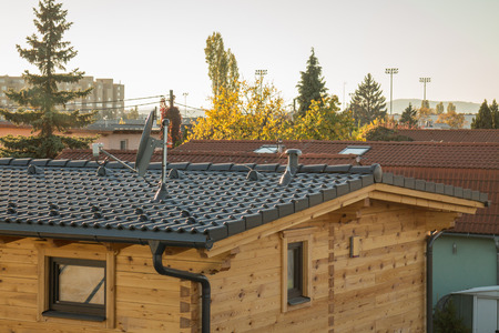 Roof tiles on small modern wood cabin house, Vienna Austria 1.Sep.2017の写真素材