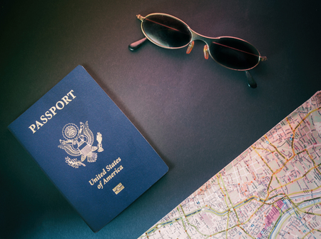 Passport Map and Sunglasses, ready to travelの写真素材
