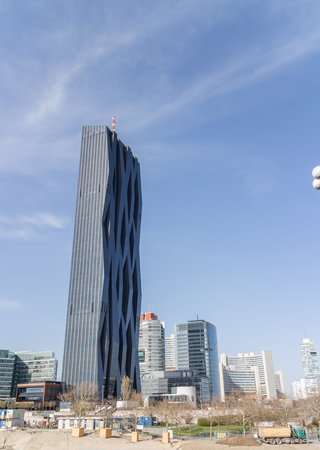 Danube city tower, tallest highrise building in Austria with the international center in background, Vienna Austria April.11,2018のeditorial素材