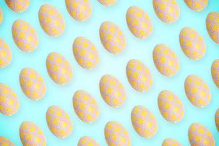 Easter eggs pattern on light blue backgroundの写真素材