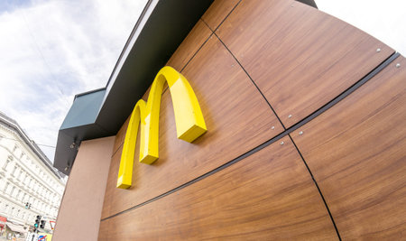 Vienna Austria July.2 2019, Wide angle view of McDonaldâ€™s Restaurant against city scene