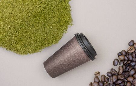 Mitragynina speciosa Kratom powder coffee cup and coffee beans, concept of using Kratom in food industryの写真素材