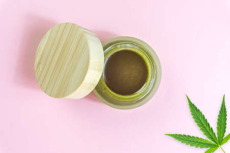 Full Spectrum CBD cannabis alternative medicine skincare cream in glass jarの写真素材