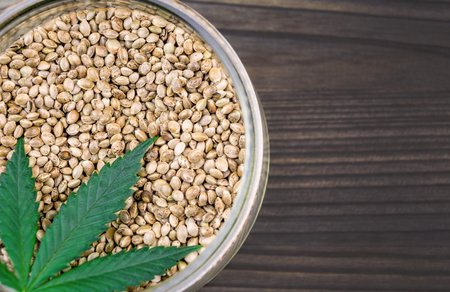 Cannabis seeds in glass bowl on dark table rich in protein and healthy fatsの写真素材