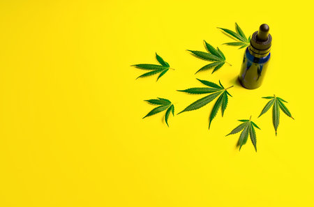 CBD Cannabidiol bottle and Cannabis leafs on yellow background, alternative medicine conceptの写真素材
