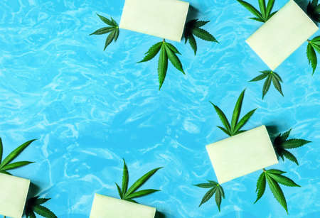 CBD Cannabidiol infused soap, cannabis products in body care hygiene products copy spaceの写真素材