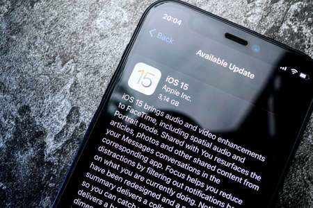 Vienna Austria September 20 2021: iPhone 12 with iOS 15 update screen close up, new operating system for iPhone devicesのeditorial素材