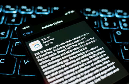 Vienna Austria September 20 2021: iPhone 12 with iOS 15 update screen close up, new operating system for iPhone devicesのeditorial素材