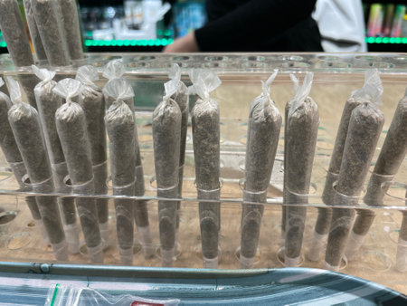Stack of pre rolled Medical marijuana joints at dispensary CBD HHC ot THC Cannabisの写真素材
